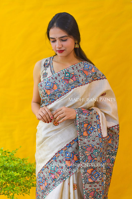'MITHILA KI MAACH' Hand-painted Madhubani Tussar Silk Saree