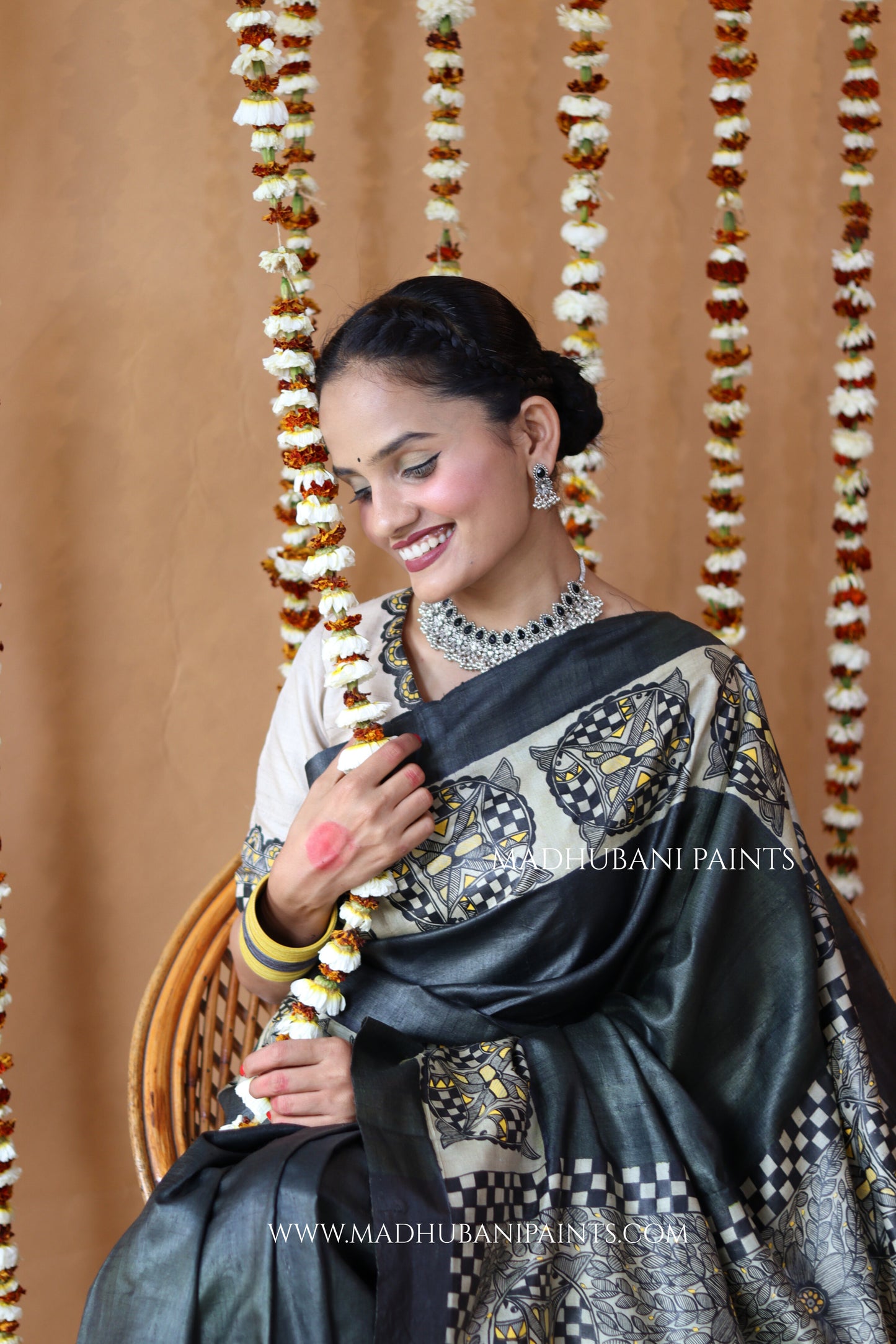 SAMUNDRAMAYI Yellow Hand-Painted Madhubani Tussar Silk Saree