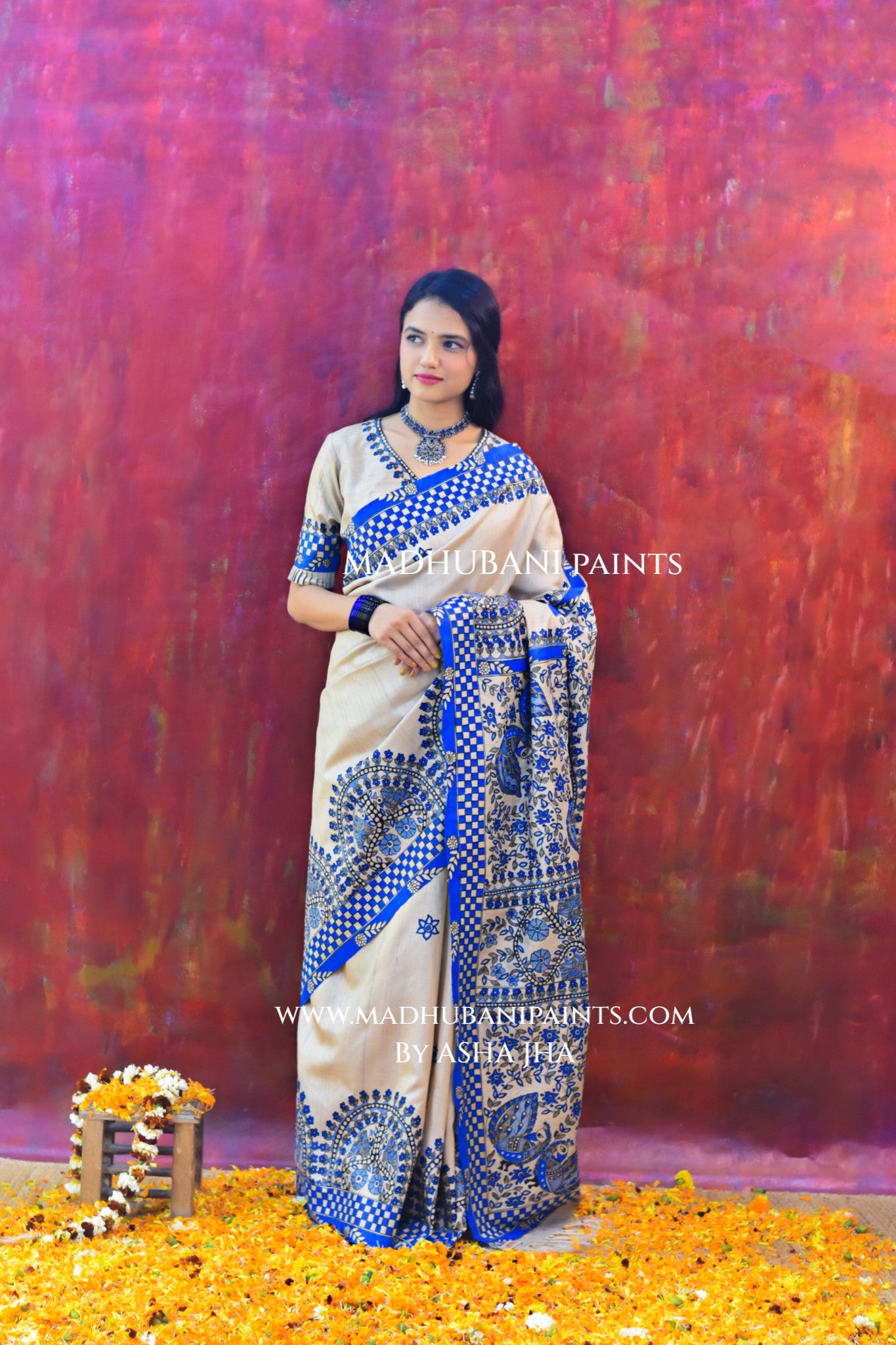 'NEELAKANTH' Tussar Silk Hand-Painted Madhubani Saree Blouse set