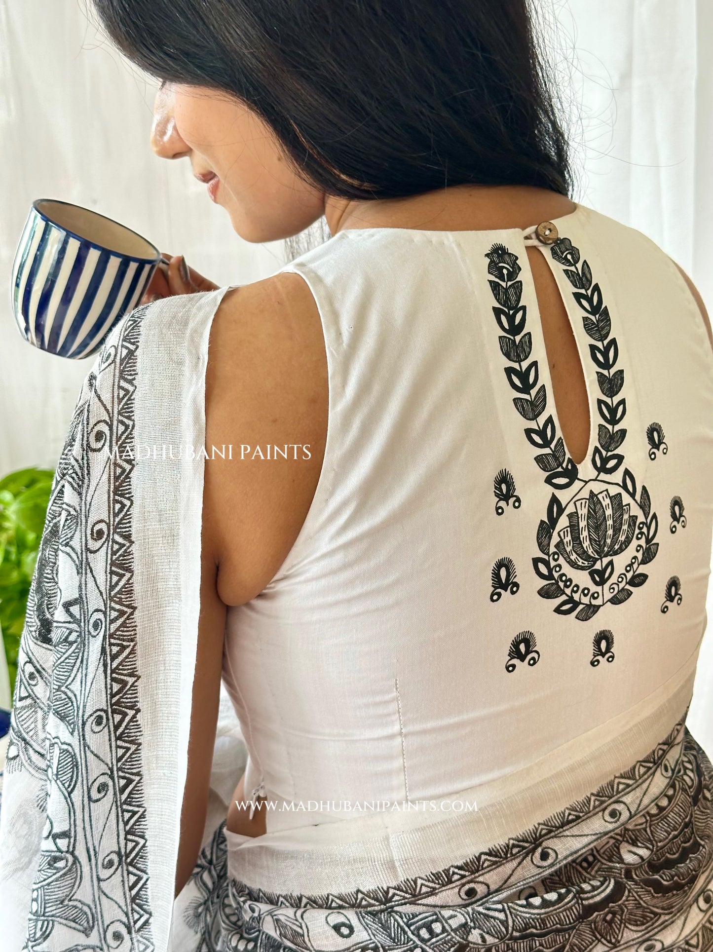 Linen Sagar Shringar Hand-painted Madhubani Painting Saree Blouse Set