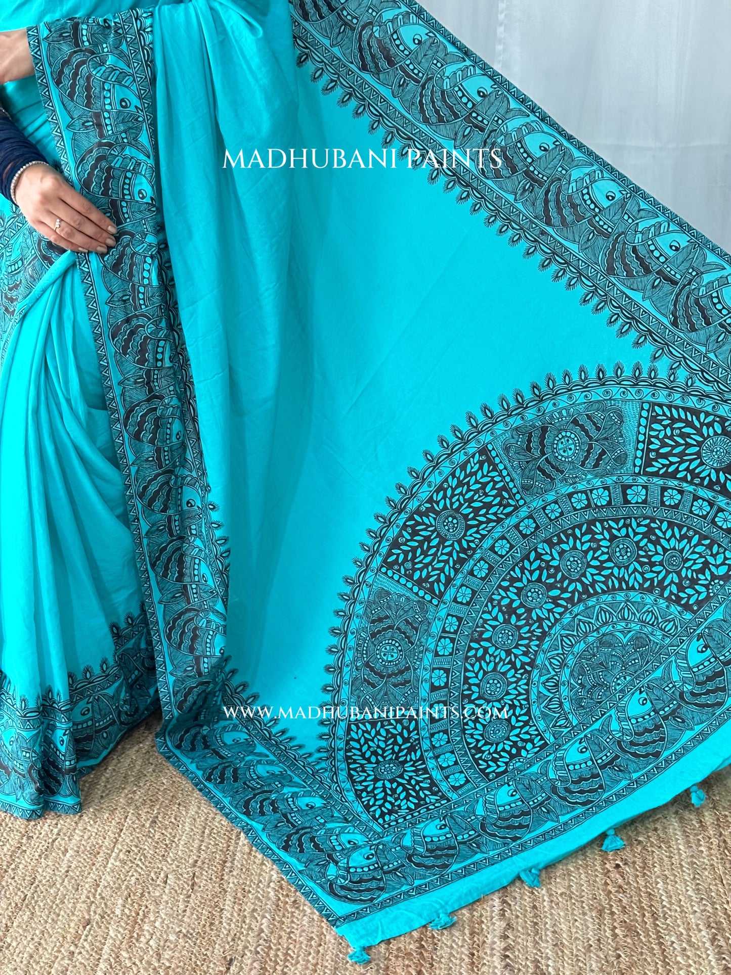 Aasmani Shringar Hand-painted Madhubani Painting Cotton Saree