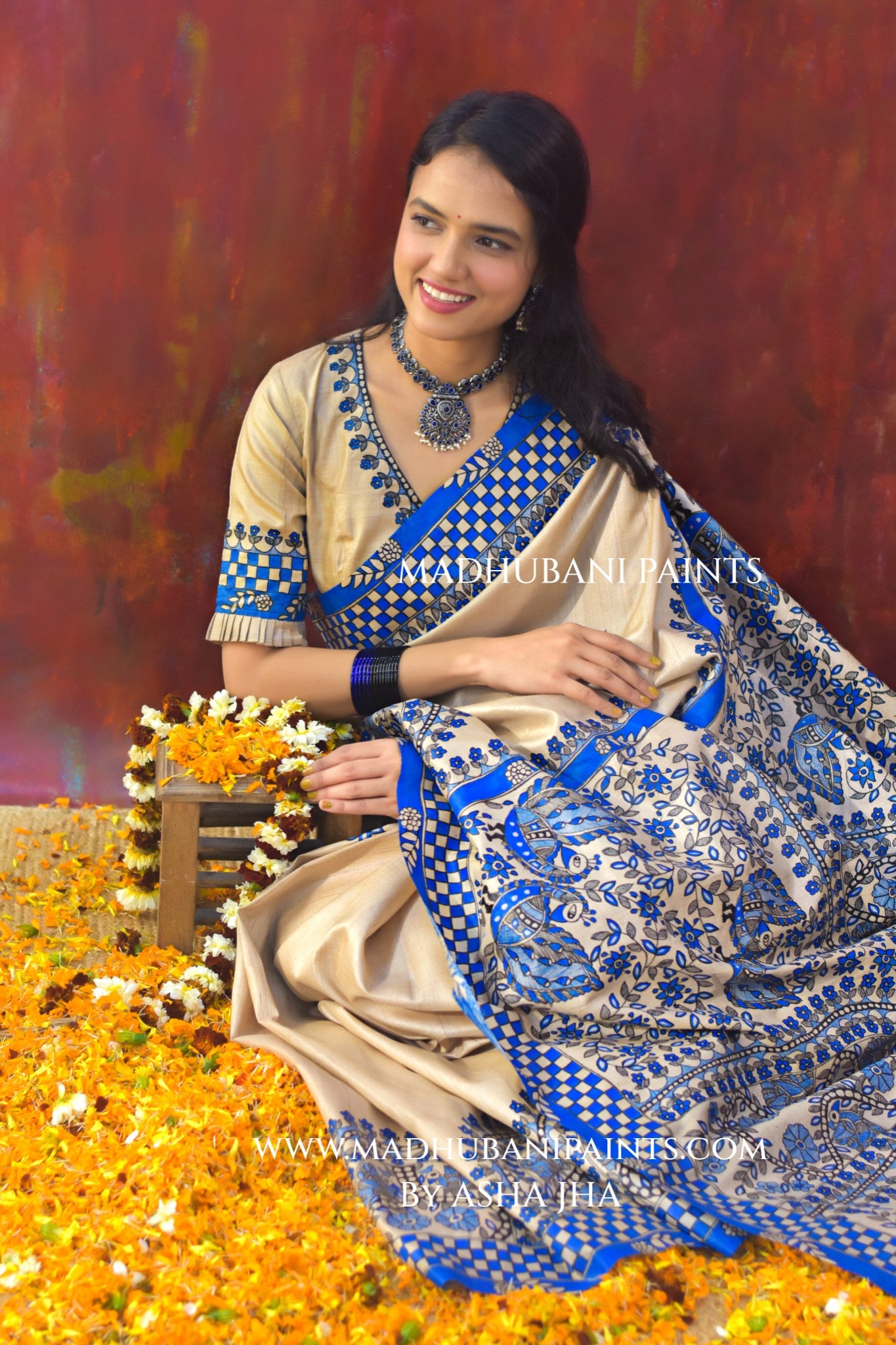 'NEELAKANTH' Tussar Silk Hand-Painted Madhubani Saree Blouse set