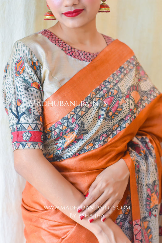 Vishnu Avatar Handpainted Tussar Saree Blouse Set