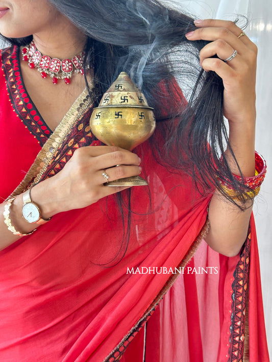 LAAL BRIDAL Hand-painted Madhubani Chiffon Saree Blouse Set