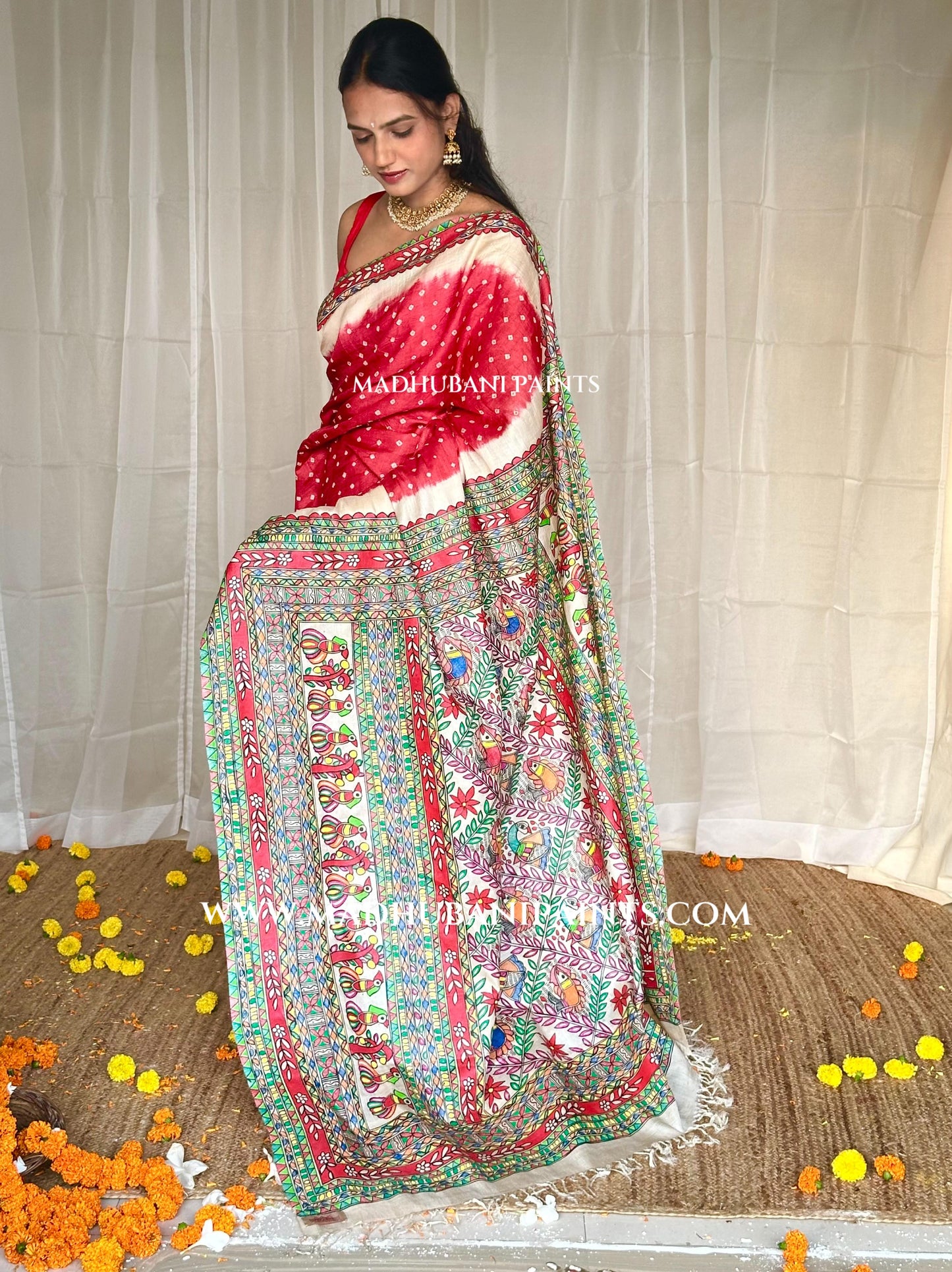 GULAB Handpainted Tussar Silk Bandhini Madhubani Saree