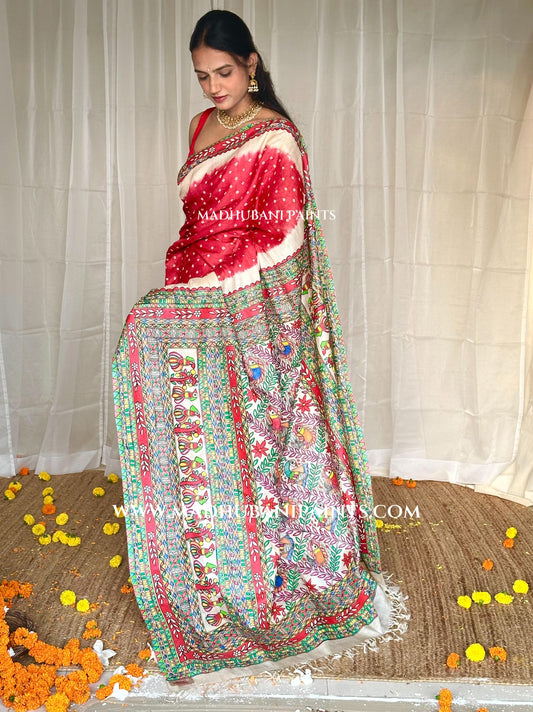 GULAB Handpainted Tussar Silk Bandhini Madhubani Saree