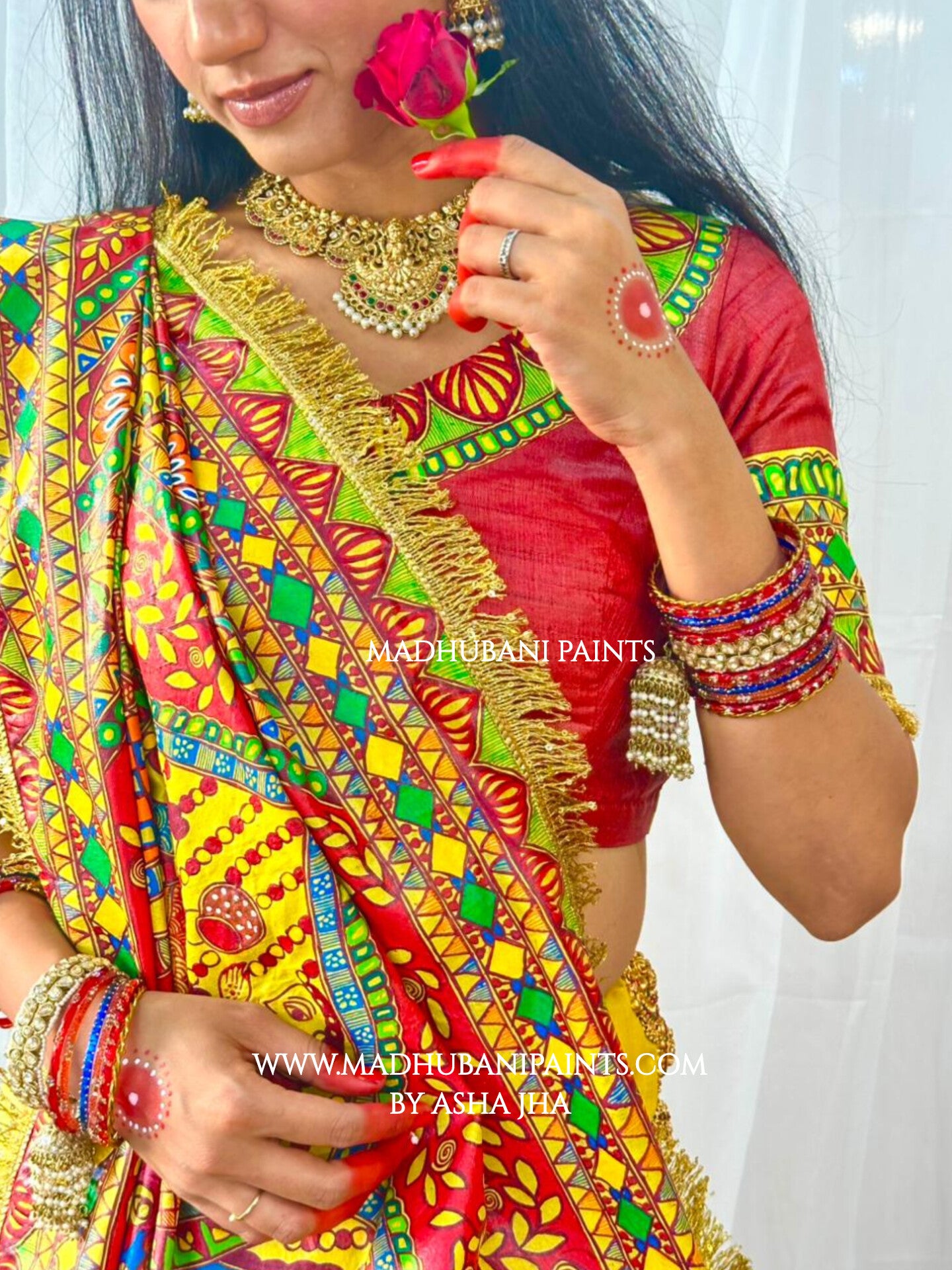 MITHILA VIVAH BRIDAL Hand-painted Madhubani Tussar Silk Saree Blouse Set
