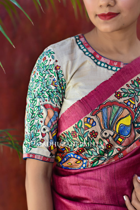 RASRAJ Handpainted Madhubani Tussar Silk Saree Blouse Set