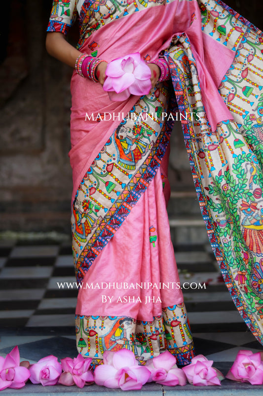 Durga Ji Ki Palki Handpainted Tussar Silk Madhubani Saree