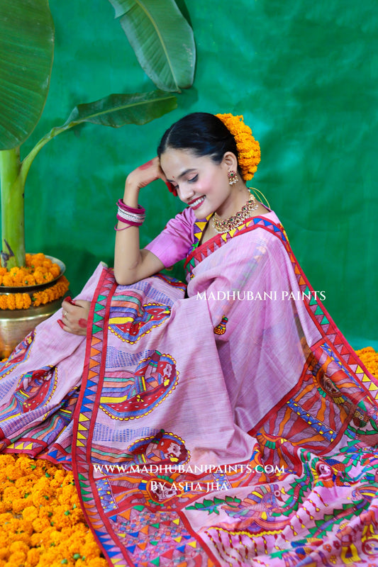CHHATHI MAIYA Handpainted Madhubani Chanderi Saree Blouse Set
