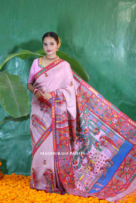 CHHATHI MAIYA Handpainted Madhubani Chanderi Saree Blouse Set
