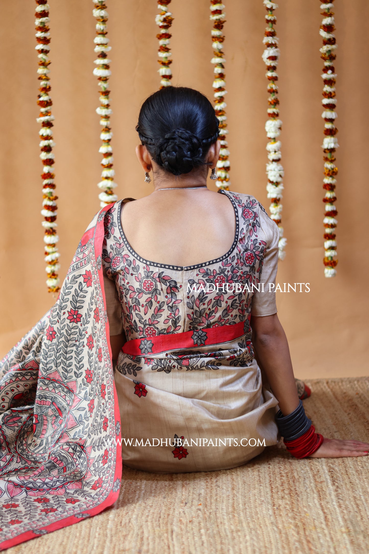 'MORNI' Handpainted Madhubani Tussar Silk Saree Blouse Set