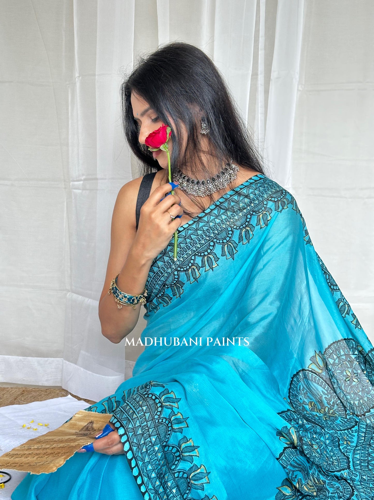 Aasmani Doli Hand-painted Madhubani Chiffon Saree