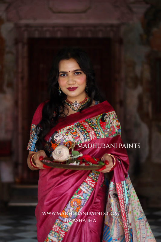 KAMAKHYA Handpainted Tussar Silk Madhubani Saree Blouse Set