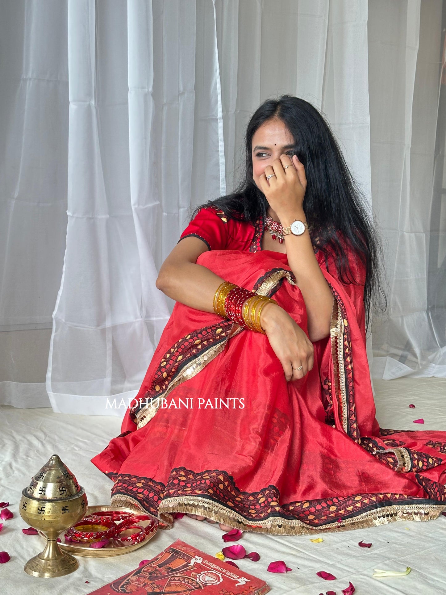 LAAL BRIDAL Hand-painted Madhubani Chiffon Saree Blouse Set