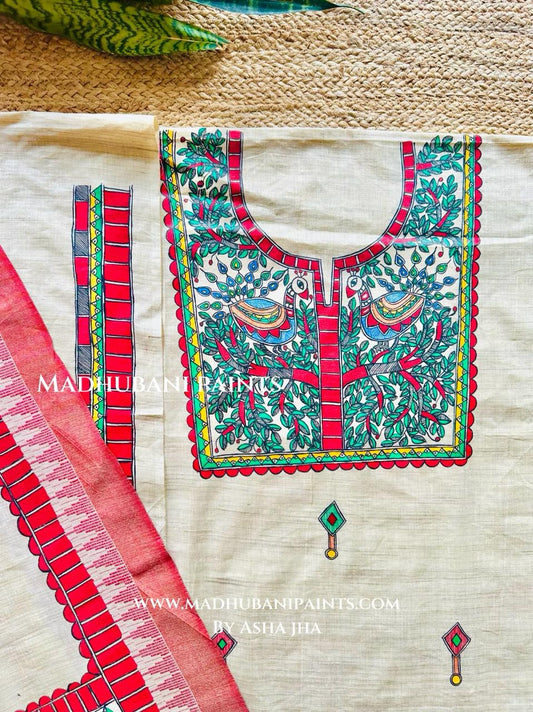 Laal Mayuri Hand-painted Madhubani Painting Cotton Unstitched Kurta Pant Dupatta Set