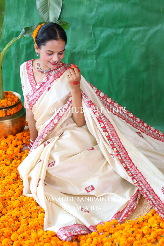 KAMALAKSHI Chhath Puja Handpainted Madhubani Tussar Silk Saree Blouse Set