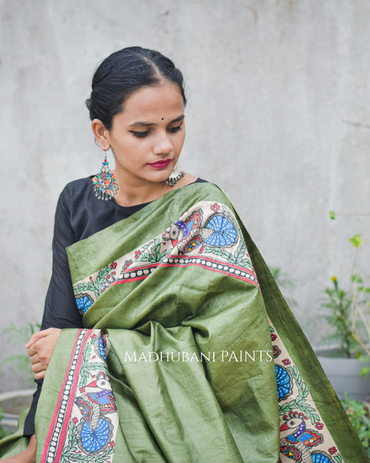 Krishna Baarish Madhubani Hand-painted Saree