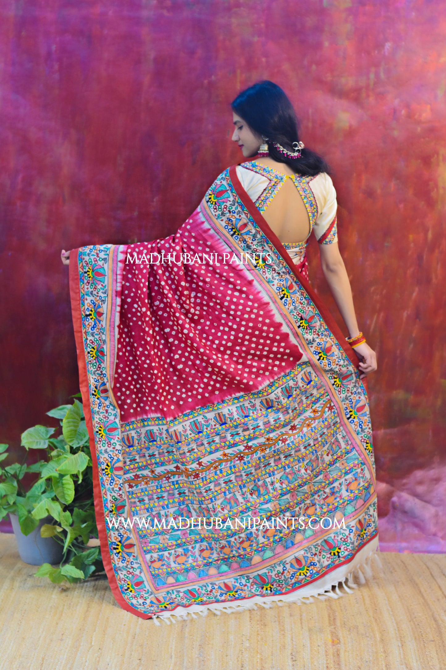 LAALI Handpainted Tussar Silk Bandhini Madhubani Saree