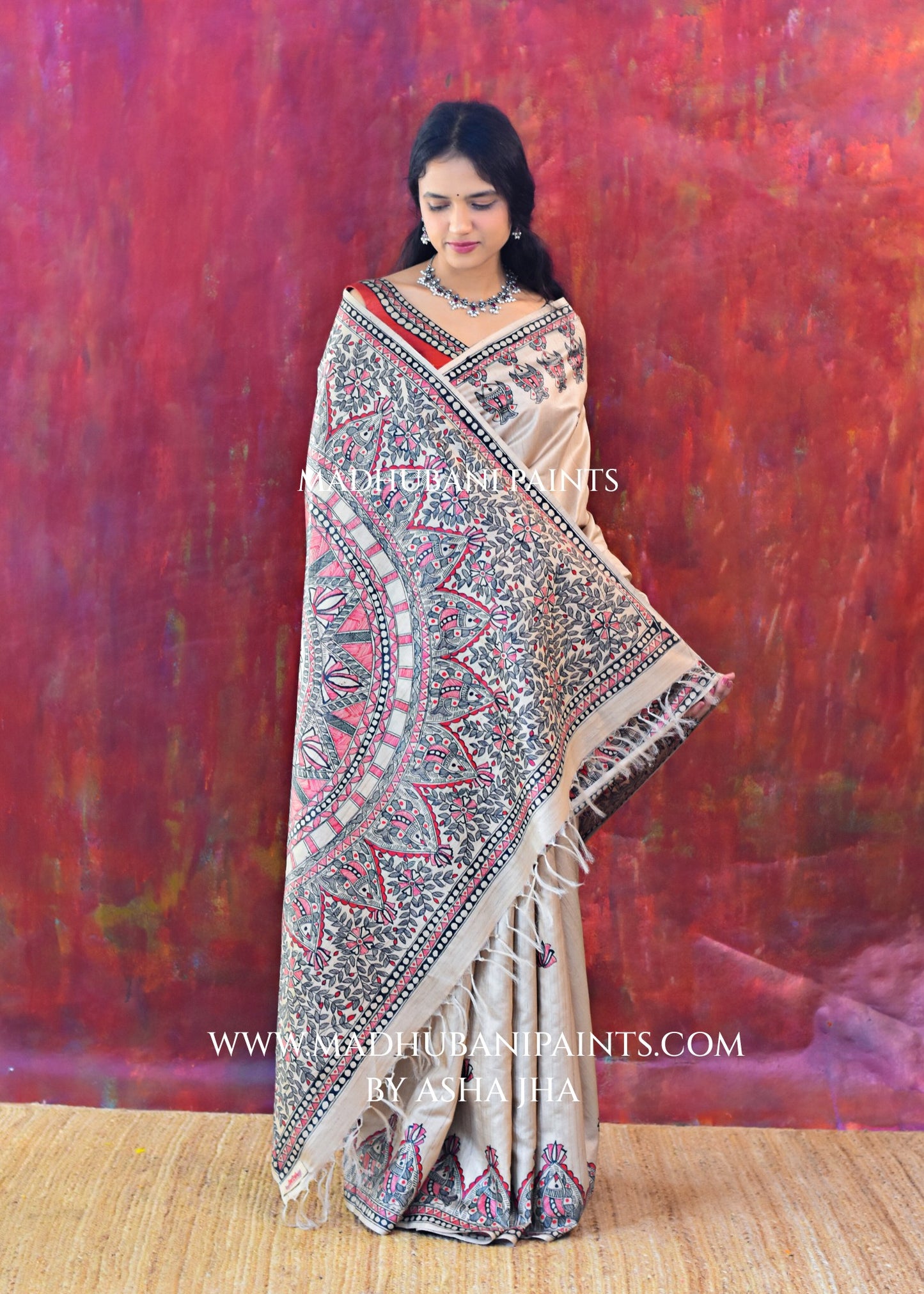 LAAL KAMAL MANDALI Hand-painted Madhubani Tussar Silk Saree
