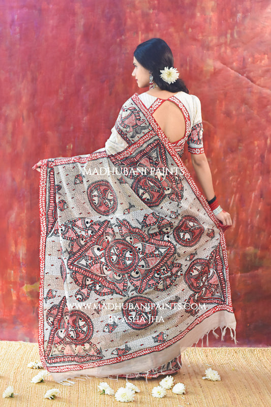 JAL TARANG Hand-painted Madhubani Chanderi Saree Blouse Set