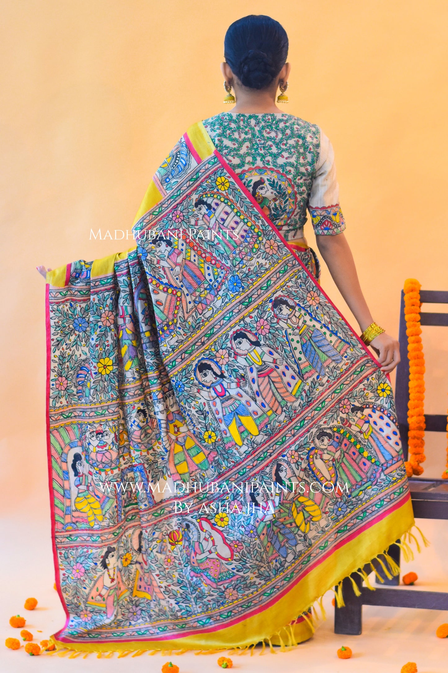 "Peela Ramayan" Hand-painted Madhubani Tussar Silk Saree Blouse Set