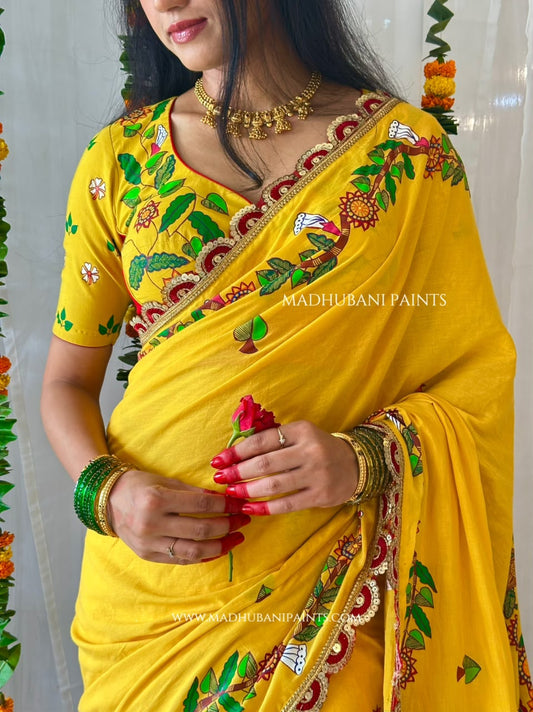 Madhushravani Yellow Bridal Hand-painted Madhubani Painting Cotton Saree Blouse Set