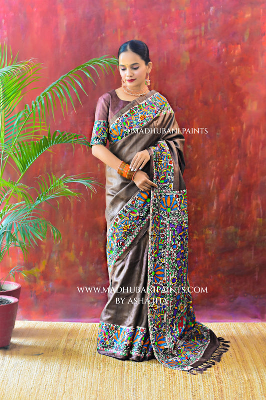 RADHA KRISHNA VRINDAVAN Hand-painted Madhubani Tussar Silk Saree Blouse Set