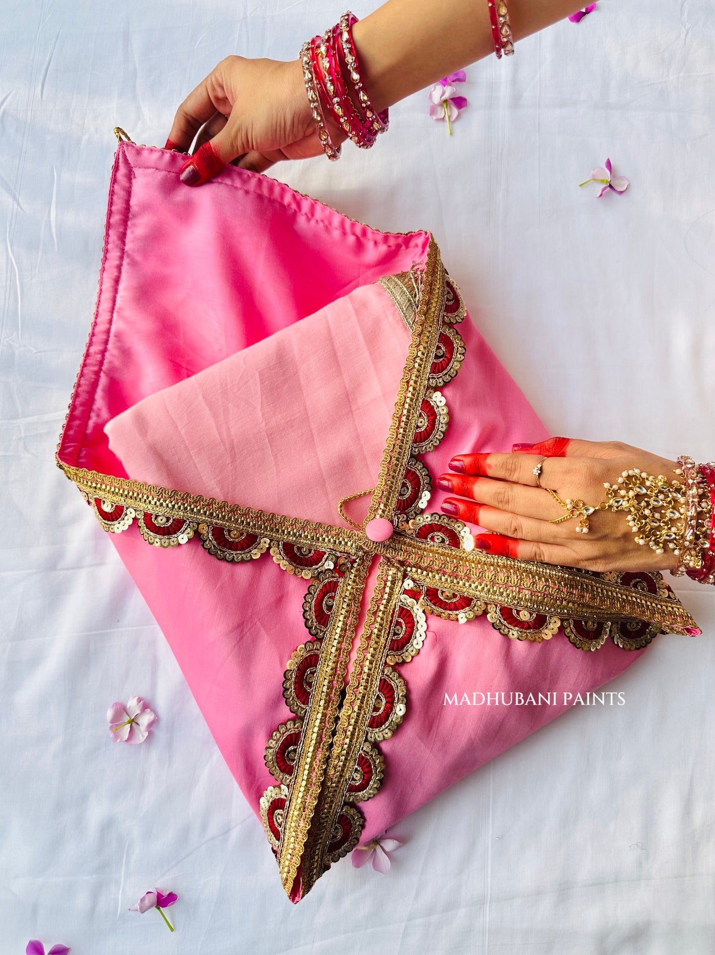 PINK SURYA Chhath Puja Handpainted Madhubani Cotton Saree Blouse Set