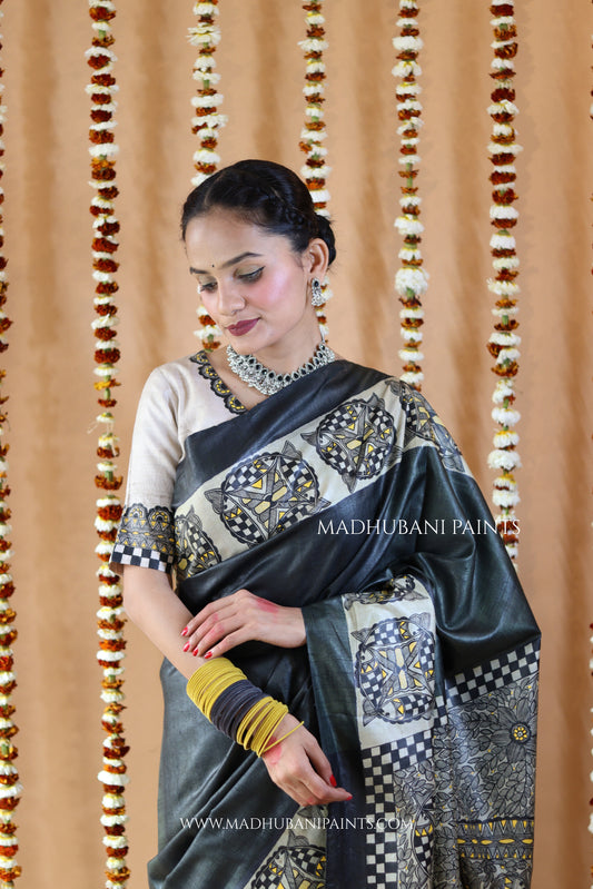 SAMUNDRAMAYI Yellow Hand-painted Madhubani Tussar Silk Saree Blouse Set