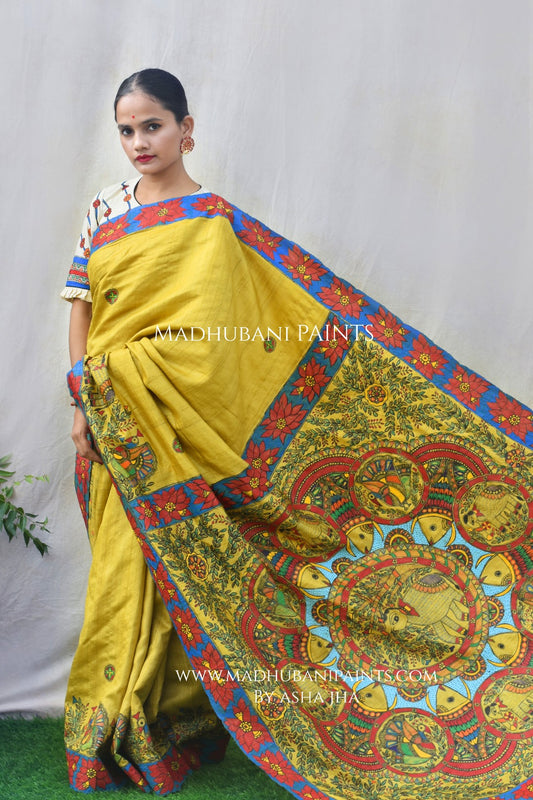 GAJANAND MATSYA' Handpainted Madhubani Tussar Silk Saree