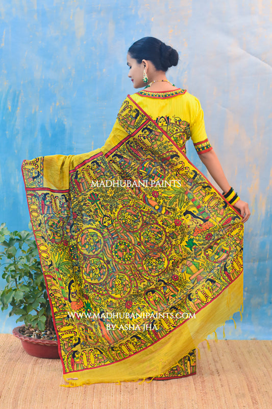 SUHAGAN Handpainted Madhubani Chanderi Saree Blouse Set