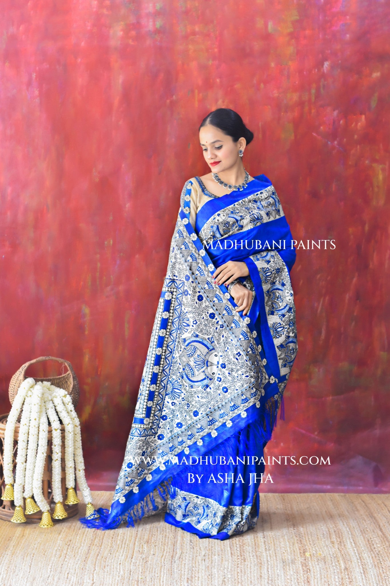 'SAUNDARYA' Hand-painted Madhubani Tussar Silk Saree Blouse Set