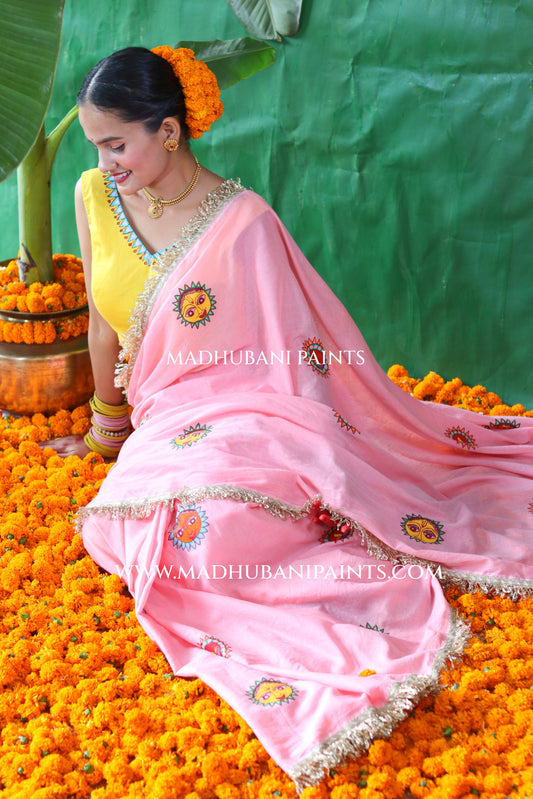 SURYA Chhath Puja Handpainted Madhubani Mul Cotton Saree