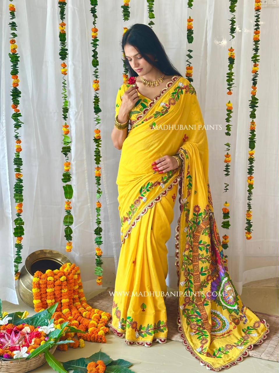Madhushravani Yellow Bridal Hand-painted Madhubani Painting Cotton Saree