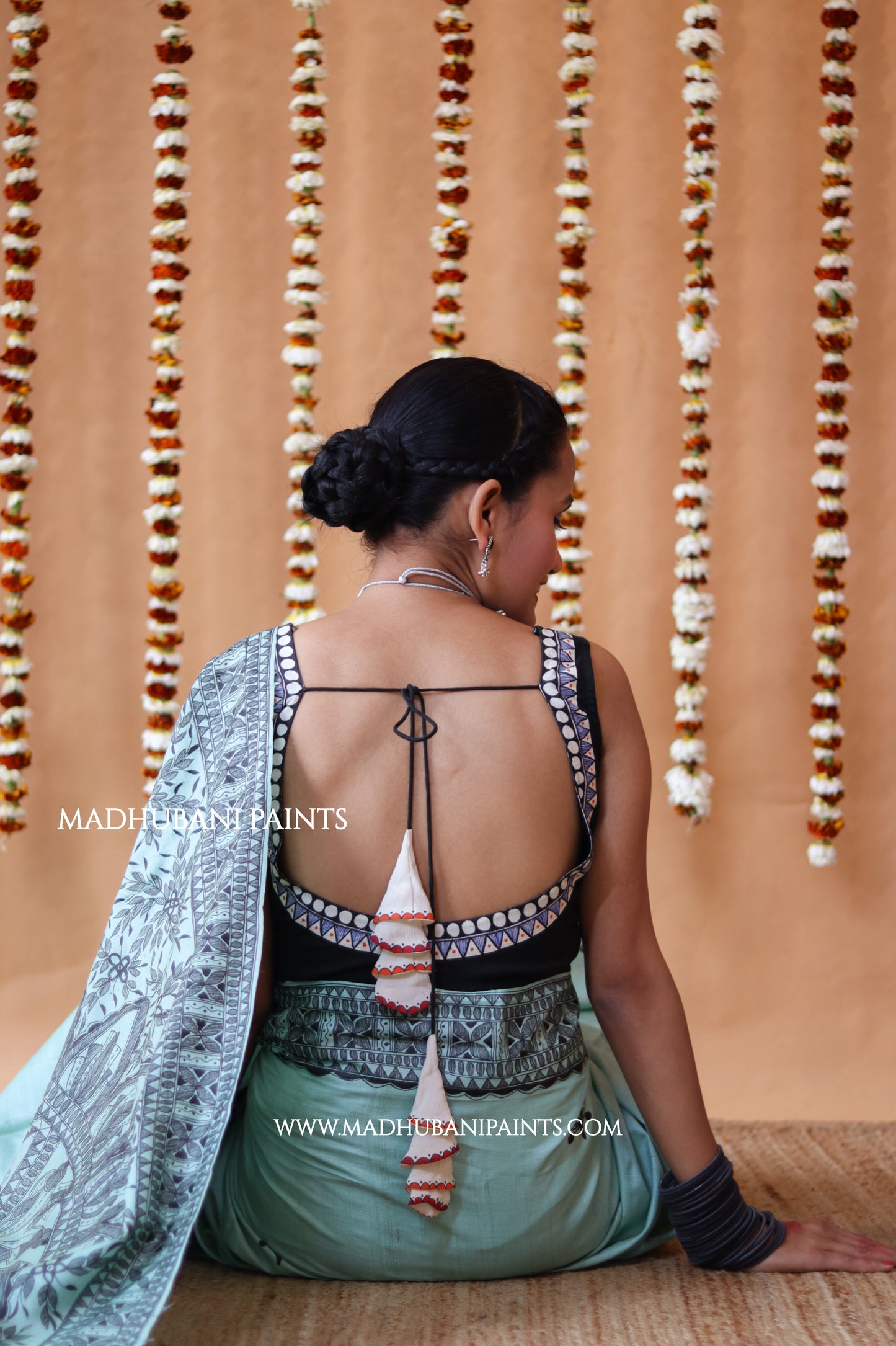 SAANKH KAMAL MANDALA Hand-painted Madhubani Tussar Silk Saree Blouse Set