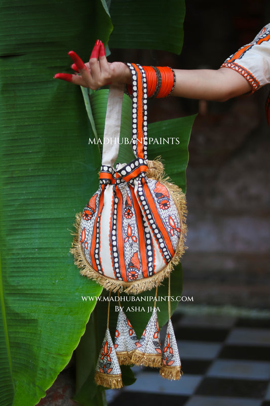KESARIYA NAINTARA Handpainted Tussar Silk Madhubani Potli