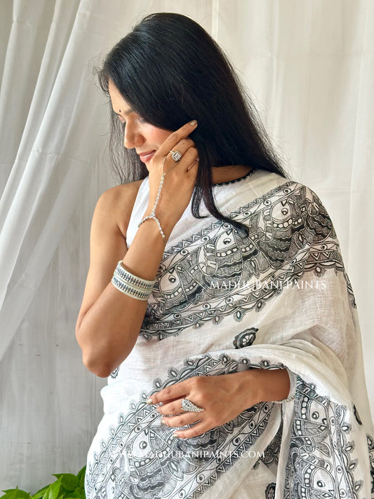 Linen Sagar Shringar Hand-painted Madhubani Painting Saree