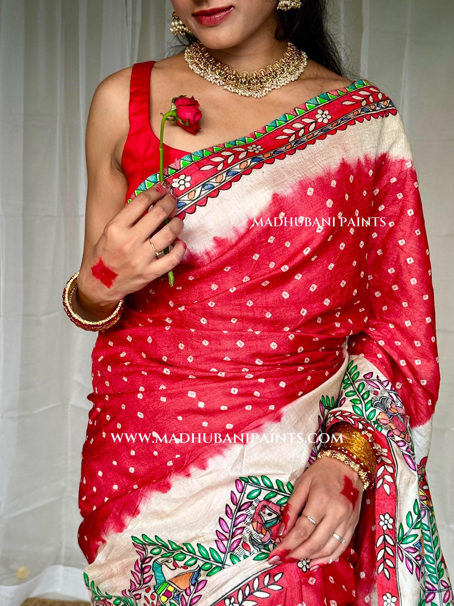 GULAB Handpainted Tussar Silk Bandhini Madhubani Saree