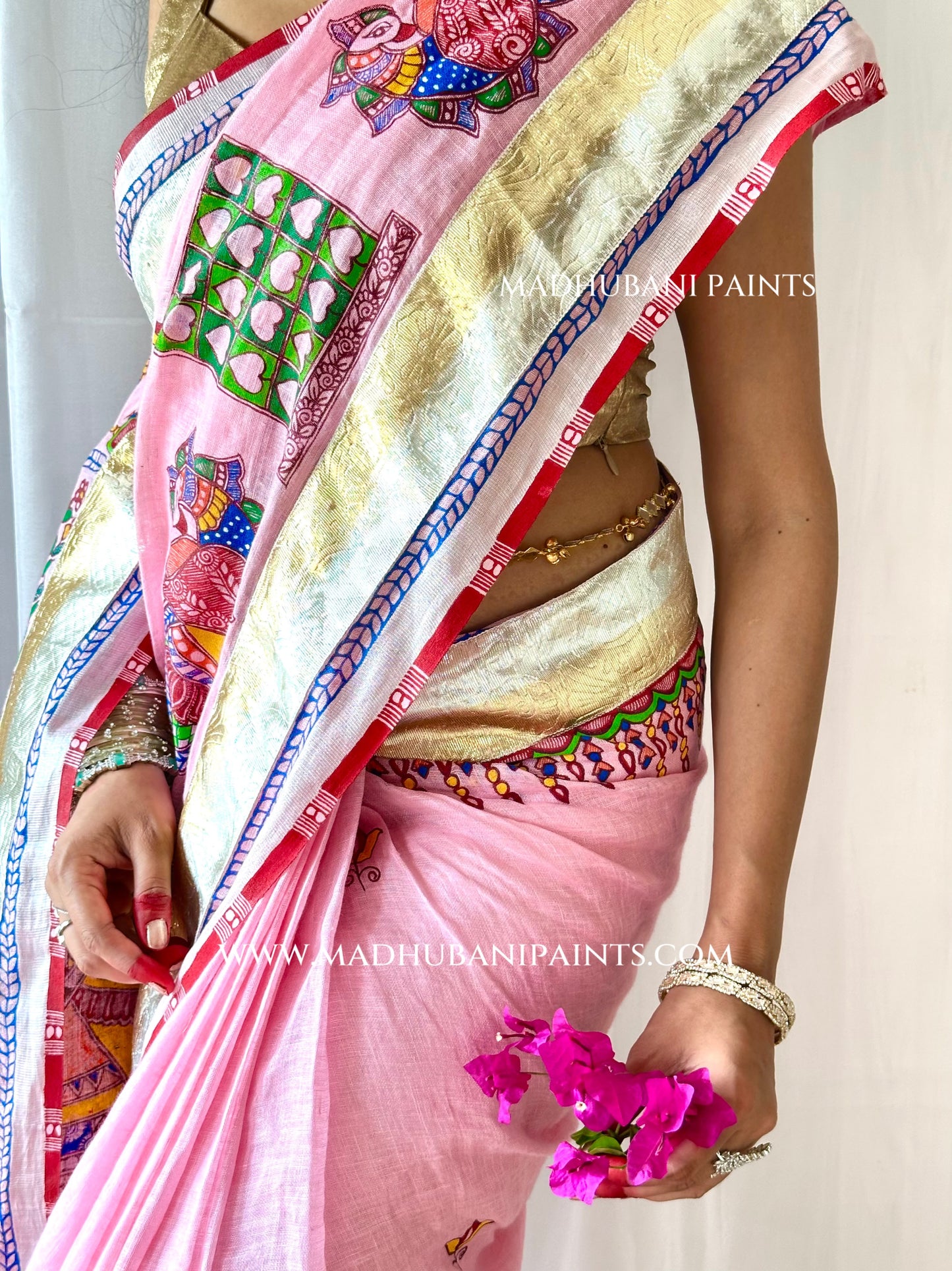 Gulabi Bridal Hand-painted Madhubani Painting Saree