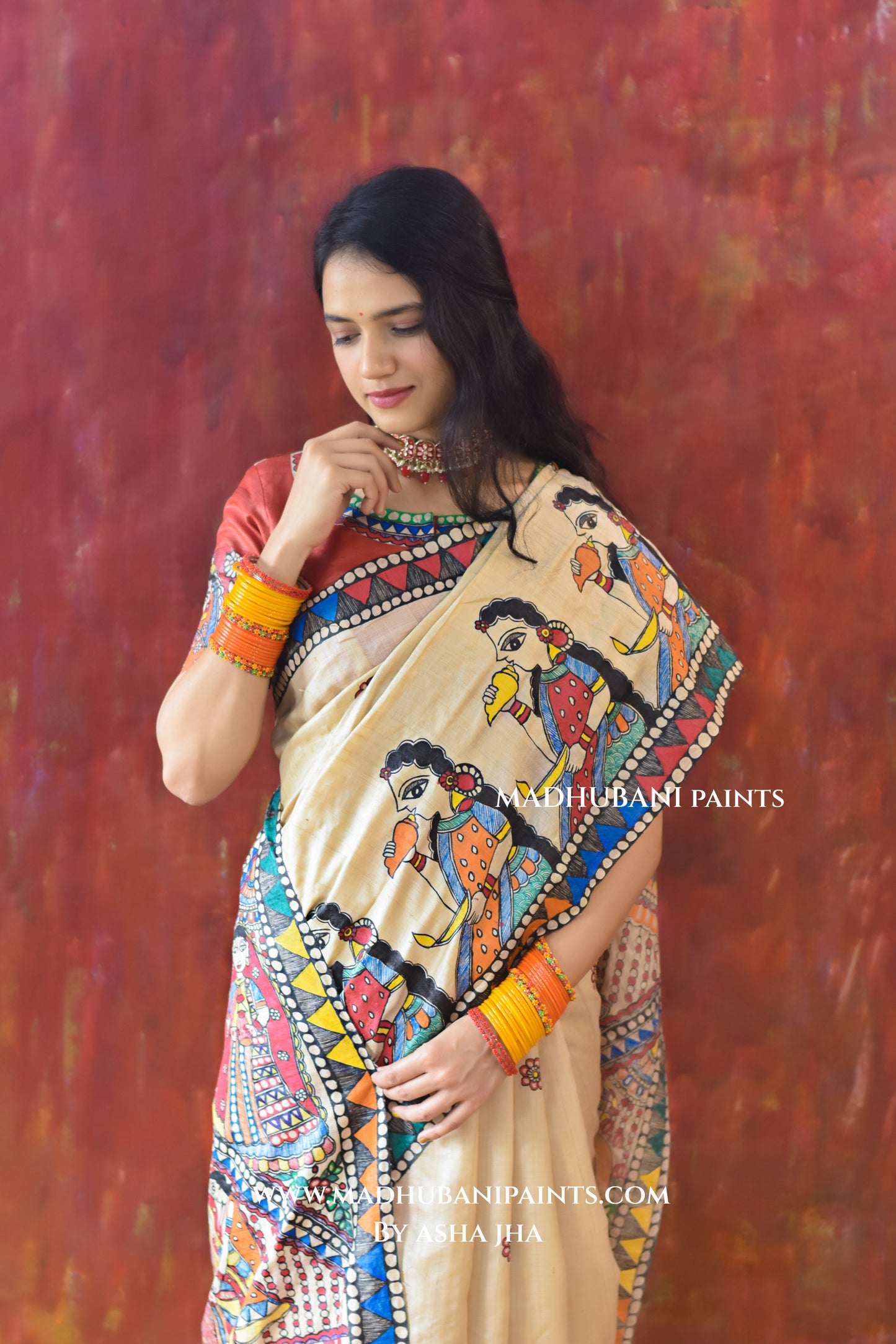 Bengali Vivah Hand-painted Madhubani Tussar Silk Saree