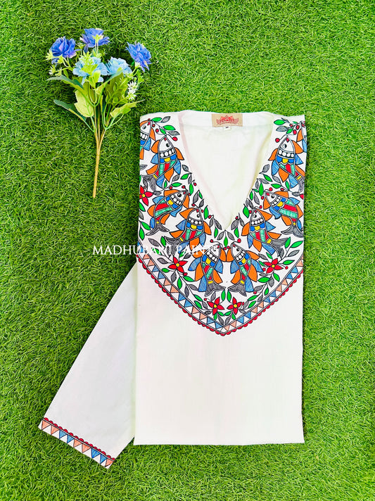 White Multicoloured Fish V neck  Hand-painted Handloom Men's Cotton Kurta