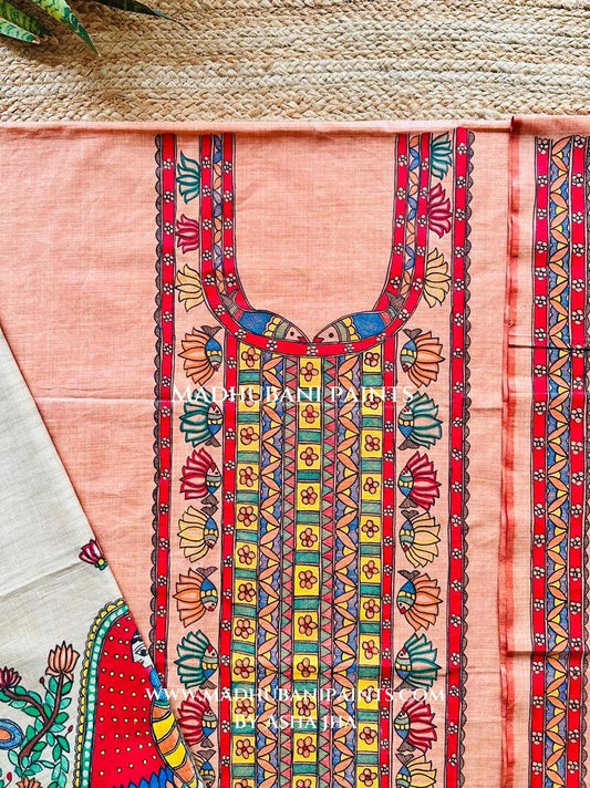 Gopiyaa Kamal Hand-painted Madhubani Painting Cotton Unstitched Kurta Pant Dupatta Set