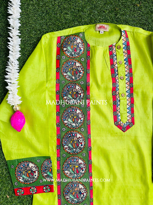 Morni Baagh Hand-painted Madhubani Men's Tussar Silk Kurta