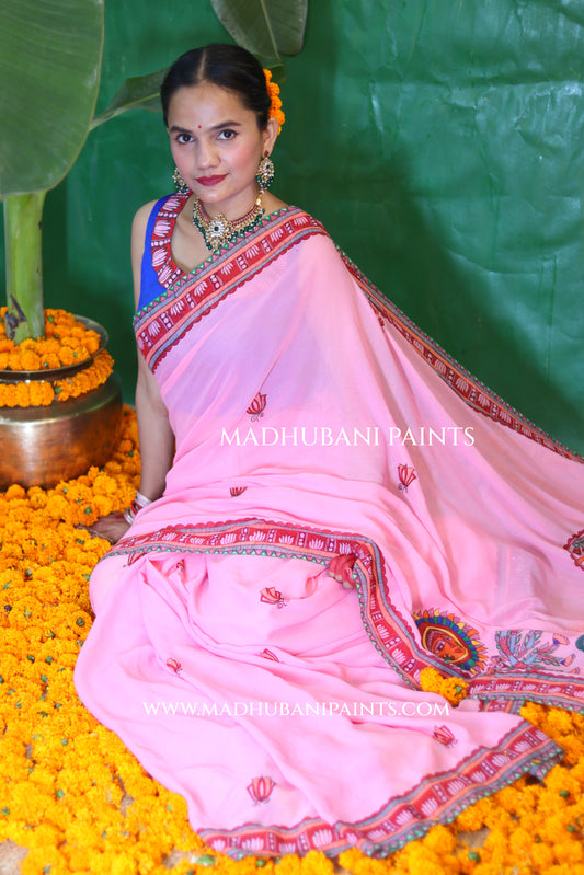 GULABI BHAKTI BHAVA Chhath Puja Hand painted Madhubani Georgette Saree