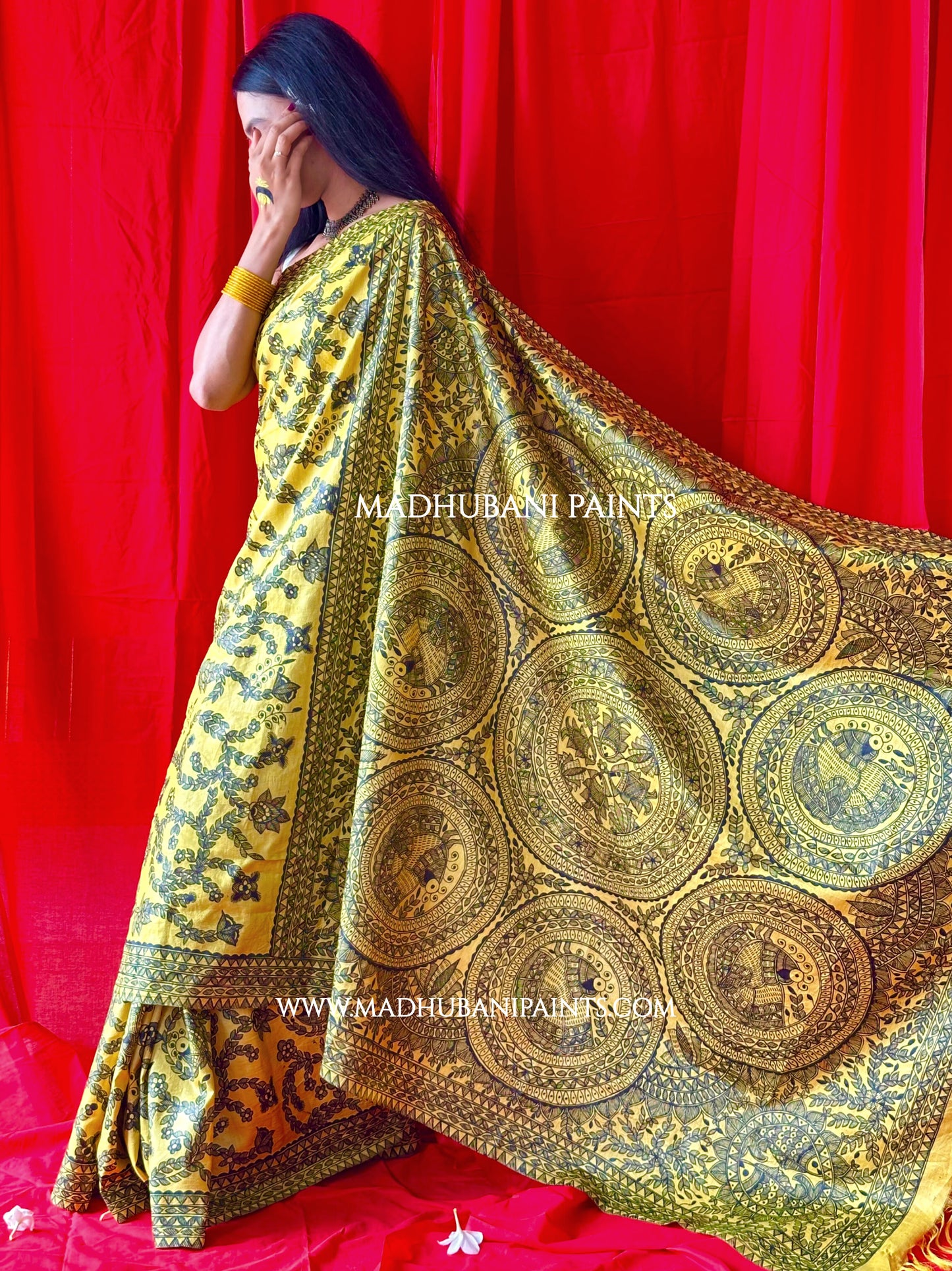 MAYUR MANDALI Full Handpainted Madhubani Saree