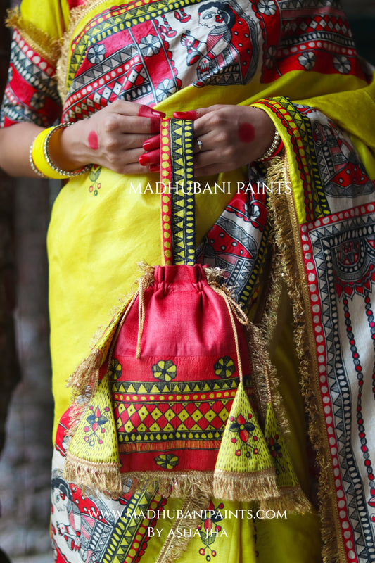 TARA Handpainted Tussar Silk Madhubani Potli