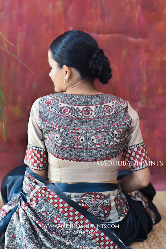 SAMUNDRAMAYI Hand-painted Madhubani Tussar Silk Saree Blouse Set
