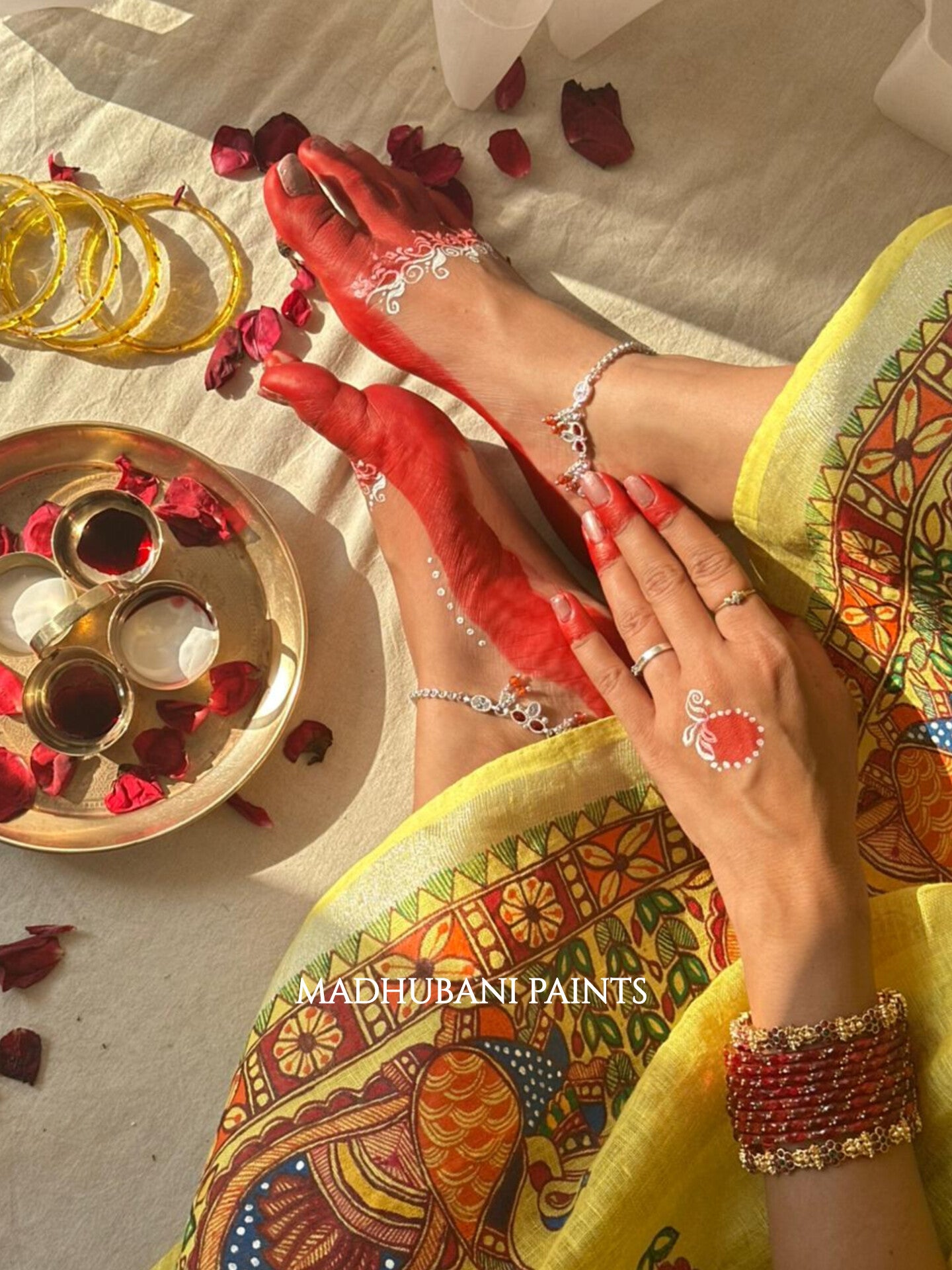 Linen Bridal Hand-painted Madhubani Painting Saree Blouse Set