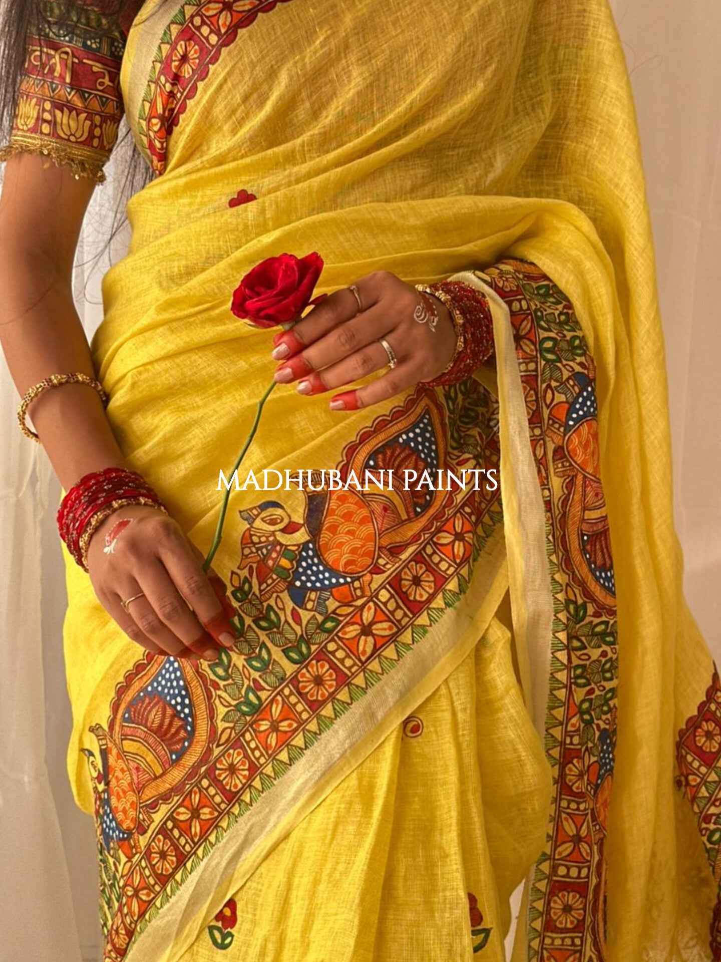 Linen Bridal Hand-painted Madhubani Painting Saree Blouse Set
